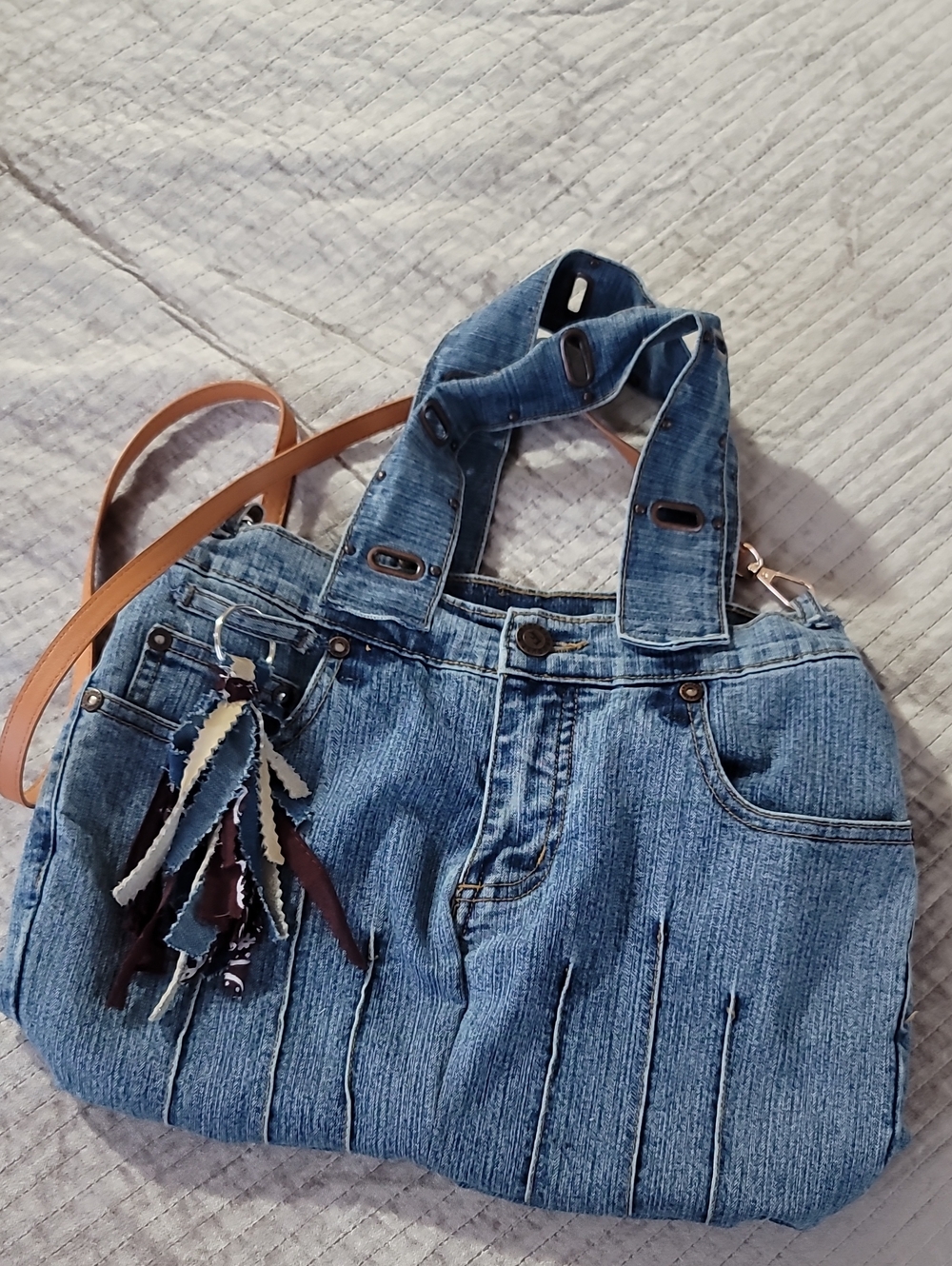 Denim Tote Bag with Leather Strap - Blue - Handmade